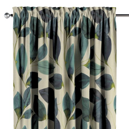 Zasłona na kanale z grzywką 1 szt. 130x245 liście w kolorze szmaragdowej zieleni z fioletem na lnianym tle
