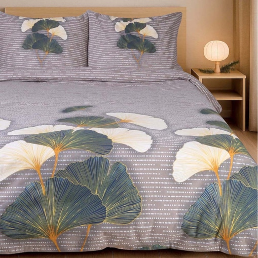 Pościel flanelowa 160x200 Solenne Dark szara, liście miłorzębu, Flanelove