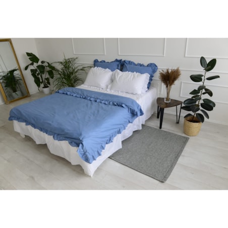 Pościel Bawełniana Z Falbanką Zestaw Komplet Do Sypialni Kołdra + 4 Poduszki 160X200 Niebieski Jeans Biel