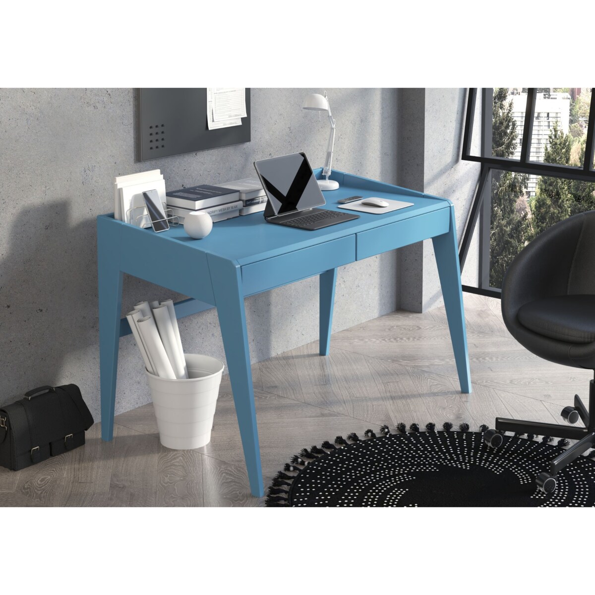 Drewniane bukowe biurko / toaletka z szufladami Visby LISA / kolor pastelowy niebieski