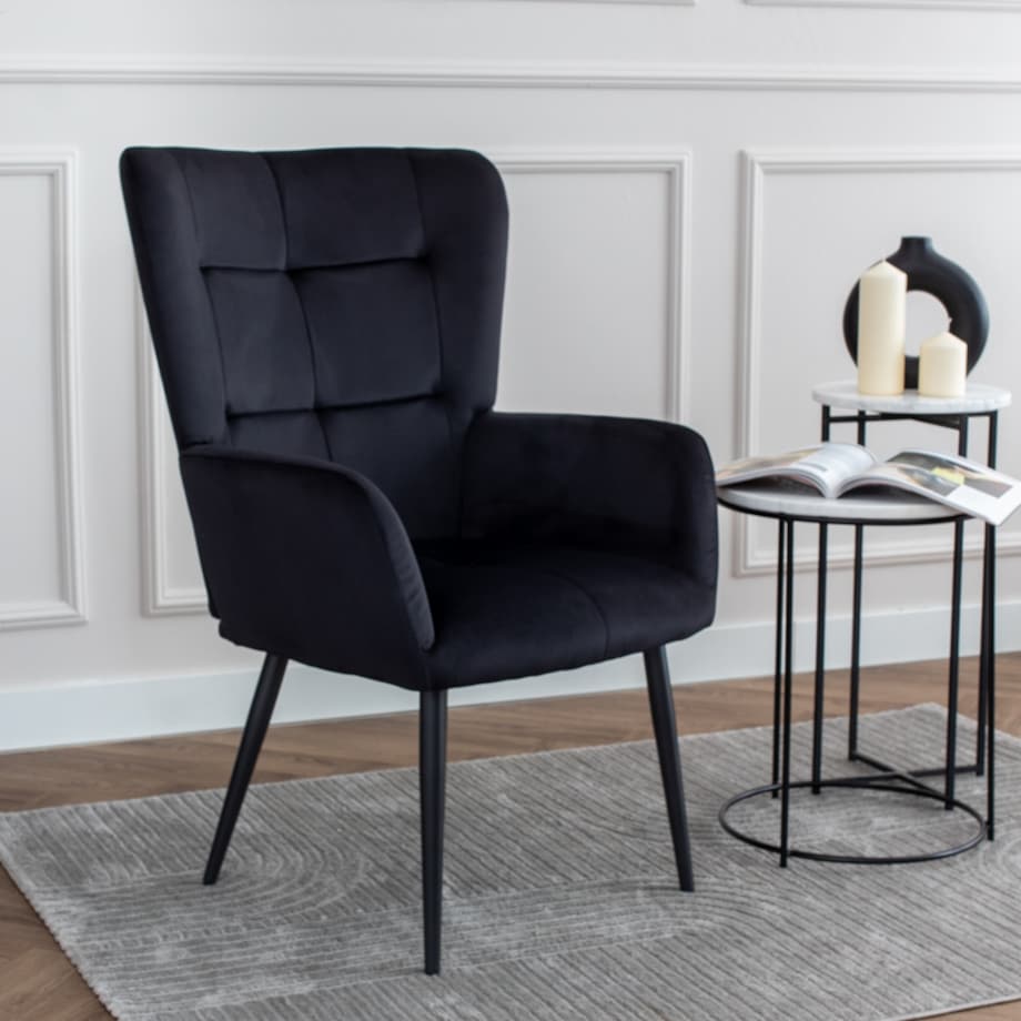 Fotel uszak do salonu wypoczynkowy welurowy tapicerowany czarny