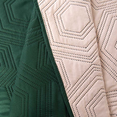 Narzuta pikowana dwustronna Tara 240x220 ciemna zieleń-jasny róż, ozdobne heksagony