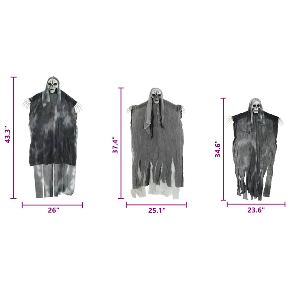 vidaXL Zawieszany Duch Halloween 3 pcs Czarny 66 x 110 cm Poliester