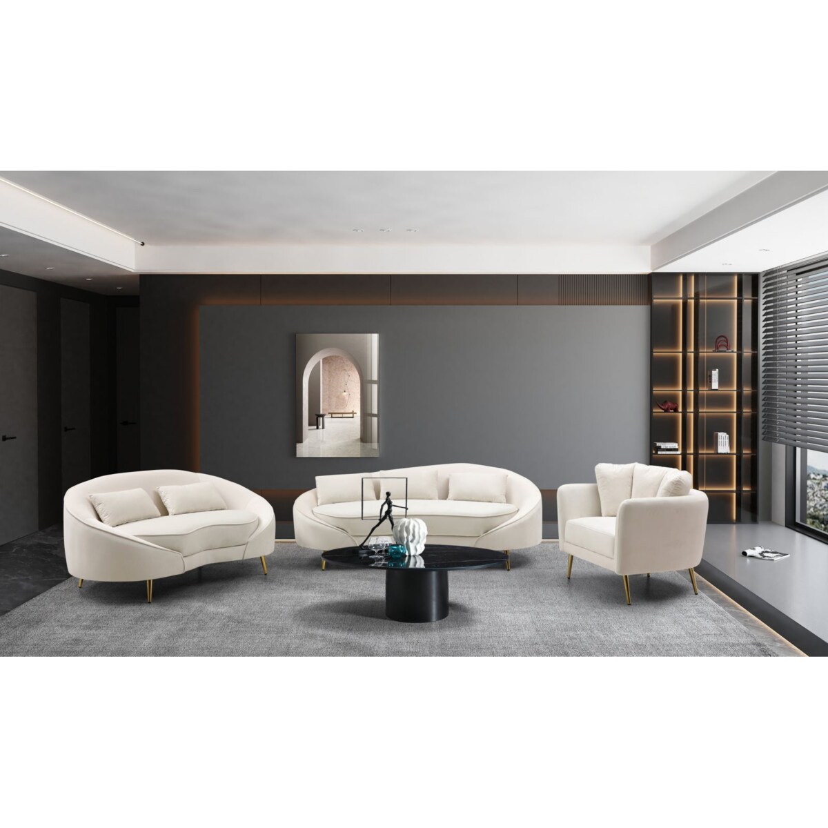 Sofa Oslo, kolor kremowy i złoty, poliester, drewno eukaliptusowe i metal, 185 x 84 x 68 cm, do salonu, Mauro Ferretti