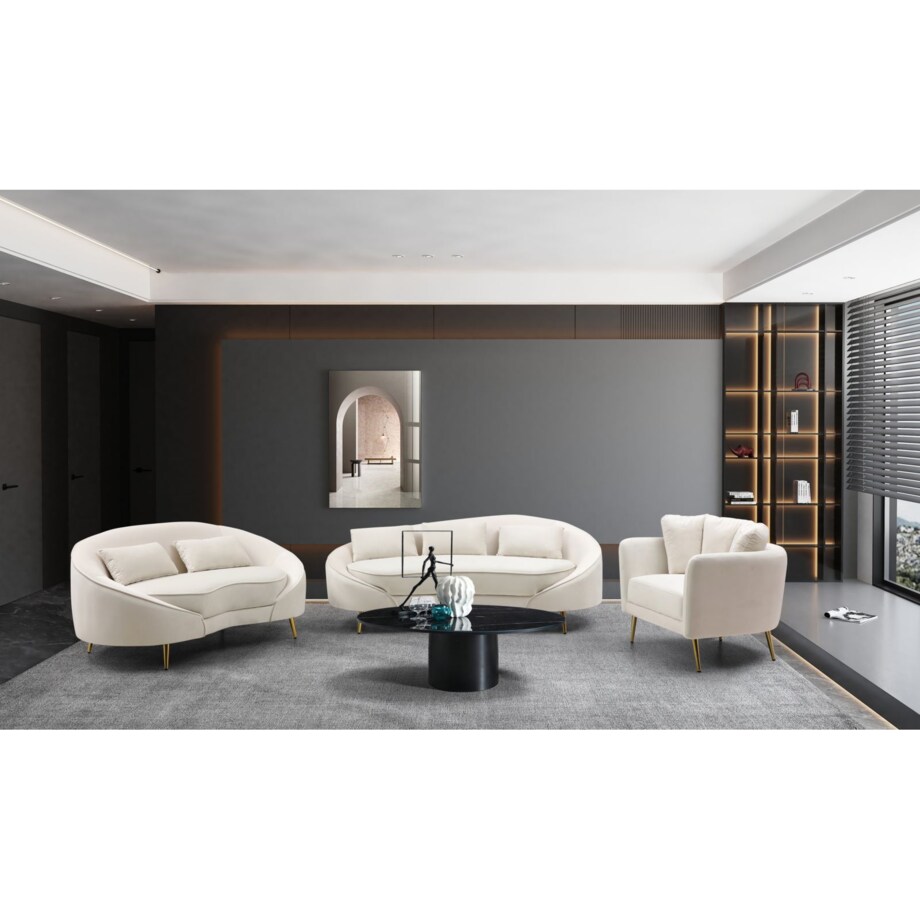 Sofa Oslo, kolor kremowy i złoty, poliester, drewno eukaliptusowe i metal, 185 x 84 x 68 cm, do salonu, Mauro Ferretti