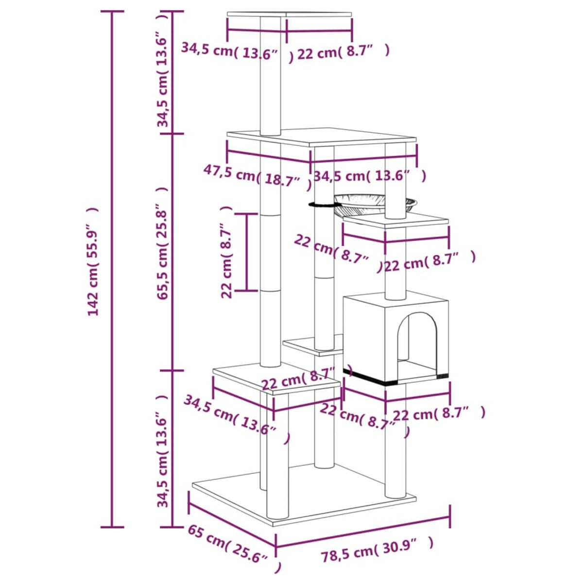 vidaXL Drapak dla kota z sizalowymi słupkami, ciemnoszary, 142 cm