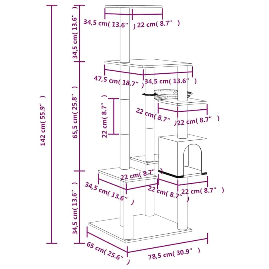 vidaXL Drapak dla kota z sizalowymi słupkami, ciemnoszary, 142 cm