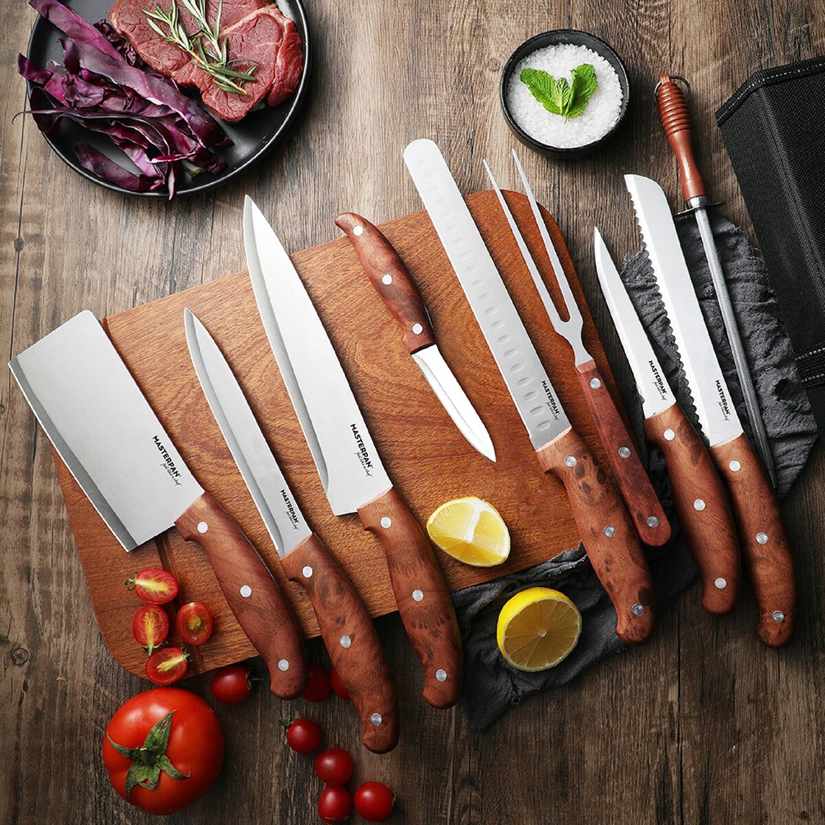Zestaw Komplet Noży Kuchennych Torba Etui 9 El. Ostrzałka Widelec