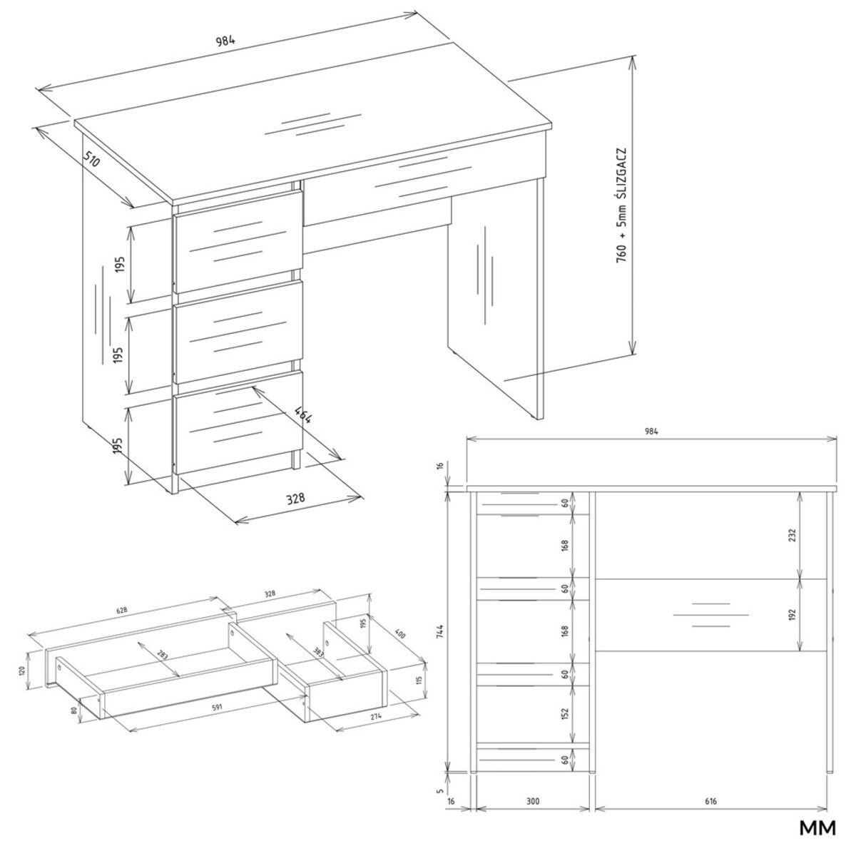 Biurko Topeshop Mijas Lewe Z Nadstawką Biel Mat 4 Szuflady 4 Półki
