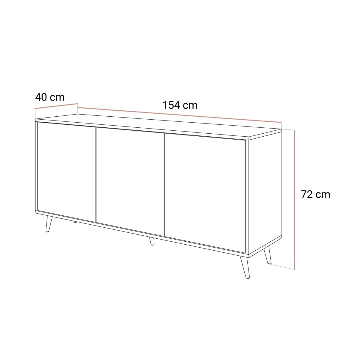 Trzydrzwiowa komoda SANAYI na wysokich, skośnych, srebrnych nóżkach, kaszmir połysk