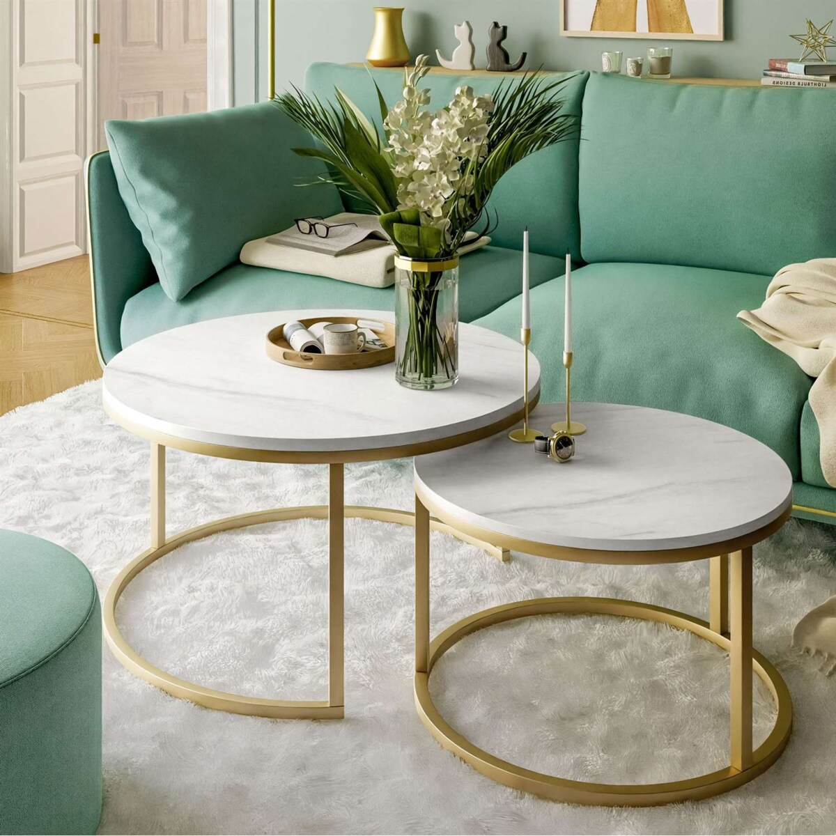 Okrągły stolik kawowy CIRI 2w1 złoty mat marmur levanto 80/60 cm