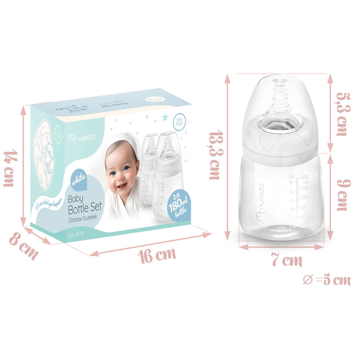 Butelka do mleka karmienia 0m+ 180ML dynamiczny smoczek zestaw 2 szt. Nukido