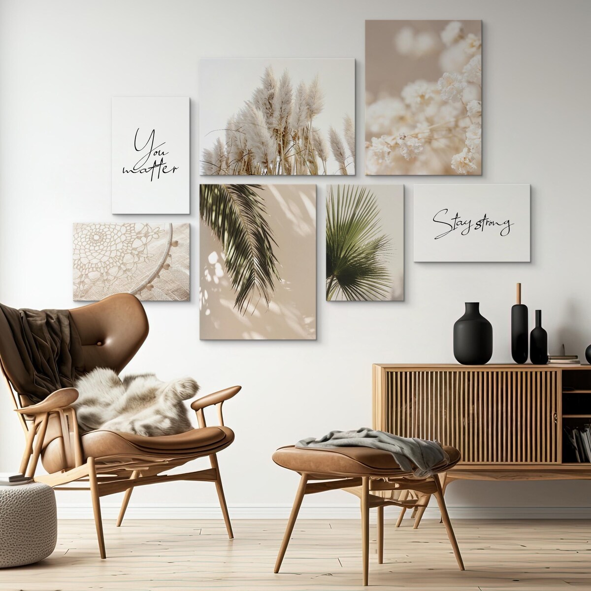 ZESTAW OBRAZÓW DO SALONU TRAWY LIŚCIE TROPIKALNE MAKRAMA STYL BOHO 110x80cm