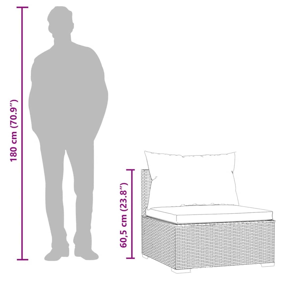 vidaXL Środkowy moduł sofy ogrodowej z poduszkami, rattan PE, czarny