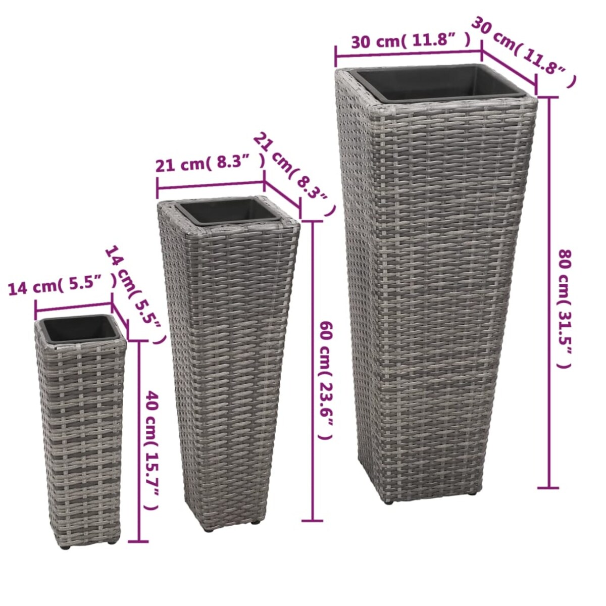 vidaXL Zestaw podwyższonych donic, 3 szt., polirattan, szary