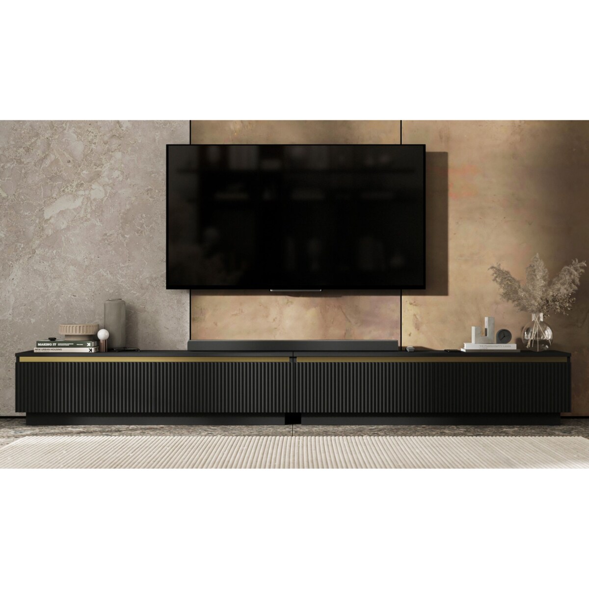 Nowoczesna Szafka RTV Glamour Komoda RTV Czarny Mat 280 cm ryflowane fronty