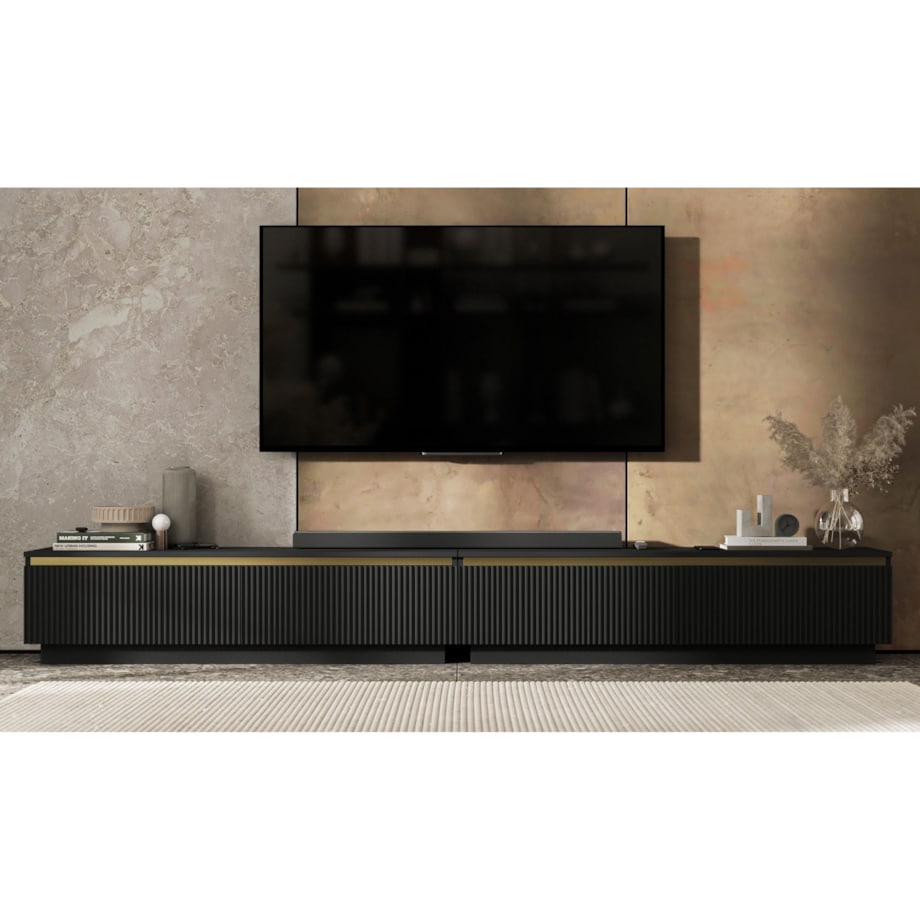 Nowoczesna Szafka RTV Glamour Komoda RTV Czarny Mat 280 cm ryflowane fronty