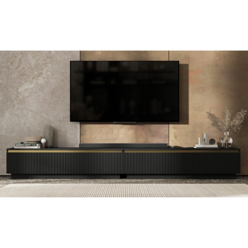 Nowoczesna Szafka RTV Glamour Komoda RTV Czarny Mat 280 cm ryflowane fronty