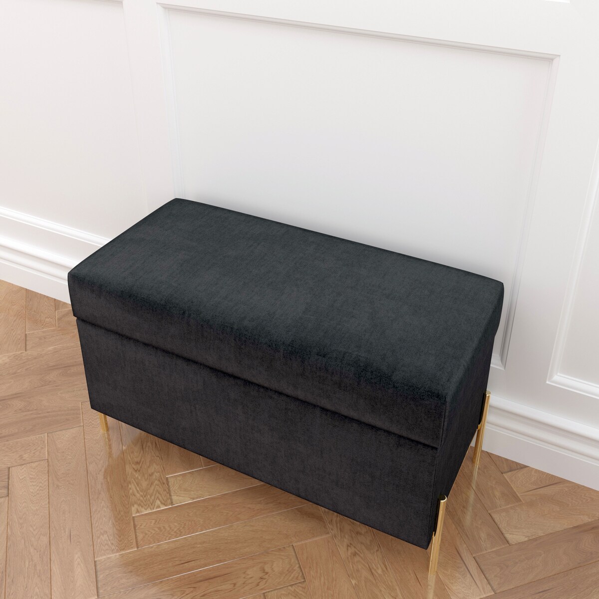 Szara tapicerowana ławka Dancan BORGO z pojemnikiem, na złotych metalowych nogach