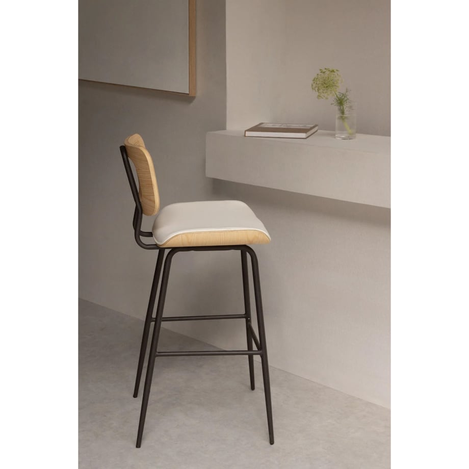 Krzesło barowe z drewna, rattanu i ekoskóry białej Raysa naturalne 75 cm