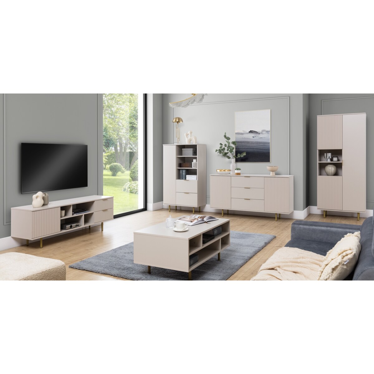 Komoda dwudrzwiowa z szufladami ryflowana beżowa/złote nóżki Molly