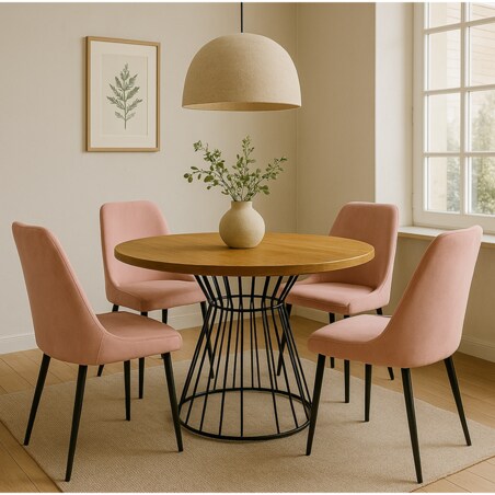 Okrągły stół Reo do salonu z metalową podstawą, blat 110cm- dąb craft złoty