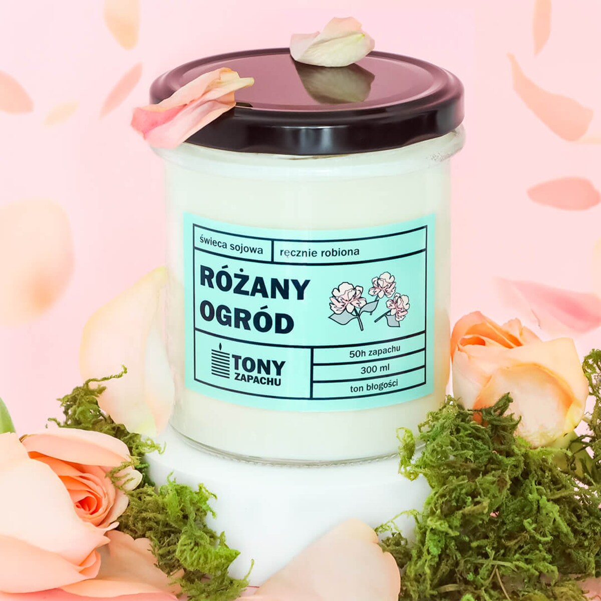 Świeca sojowa naturalna zapachowa RÓŻANY OGRÓD- najlepsza aromatyczna bezpieczna ręcznie robiona w szklanym słoiczku 300ml 50h palenia na prezent upominek