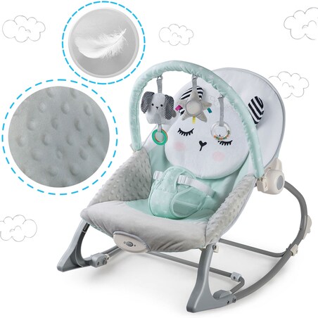 Multifunkcyjny leżaczek bujaczek dla niemowląt kołyska z wibracjami i zabawkami Nukido szaro-miętowy
