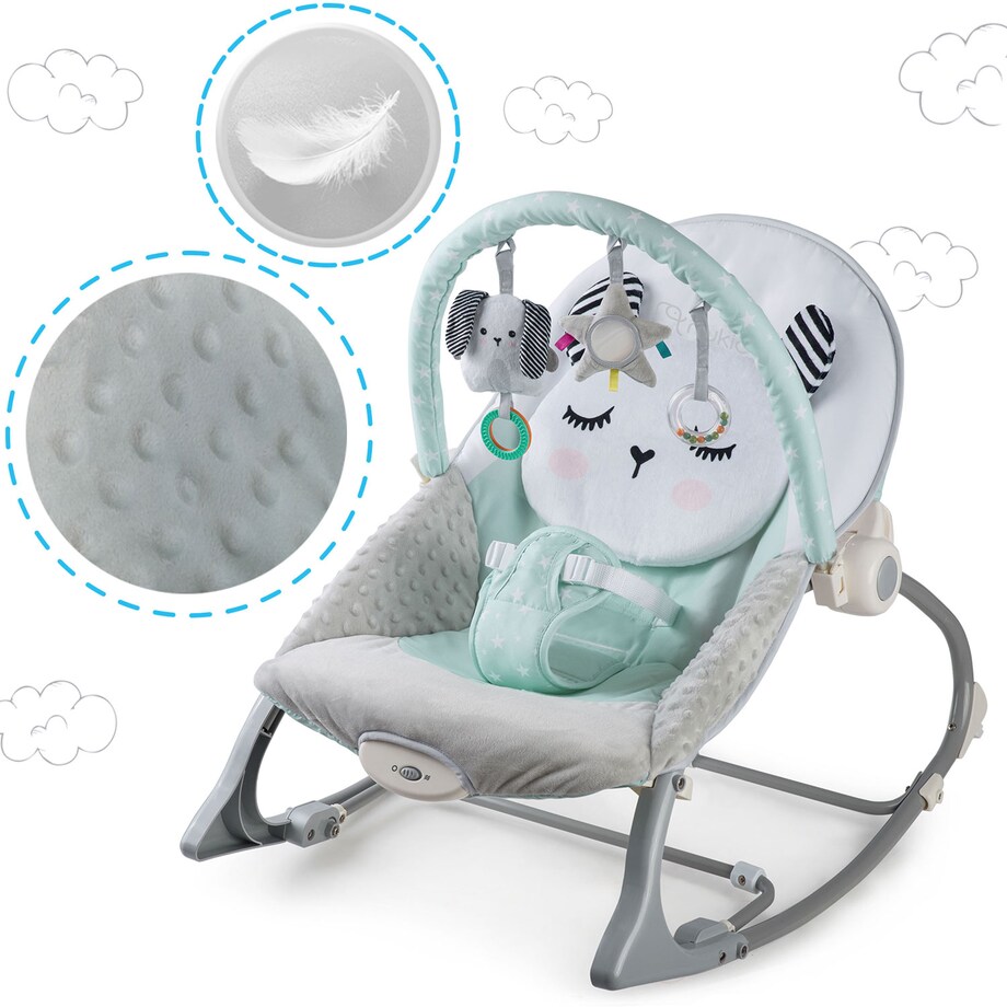 Multifunkcyjny leżaczek bujaczek dla niemowląt kołyska z wibracjami i zabawkami Nukido szaro-miętowy