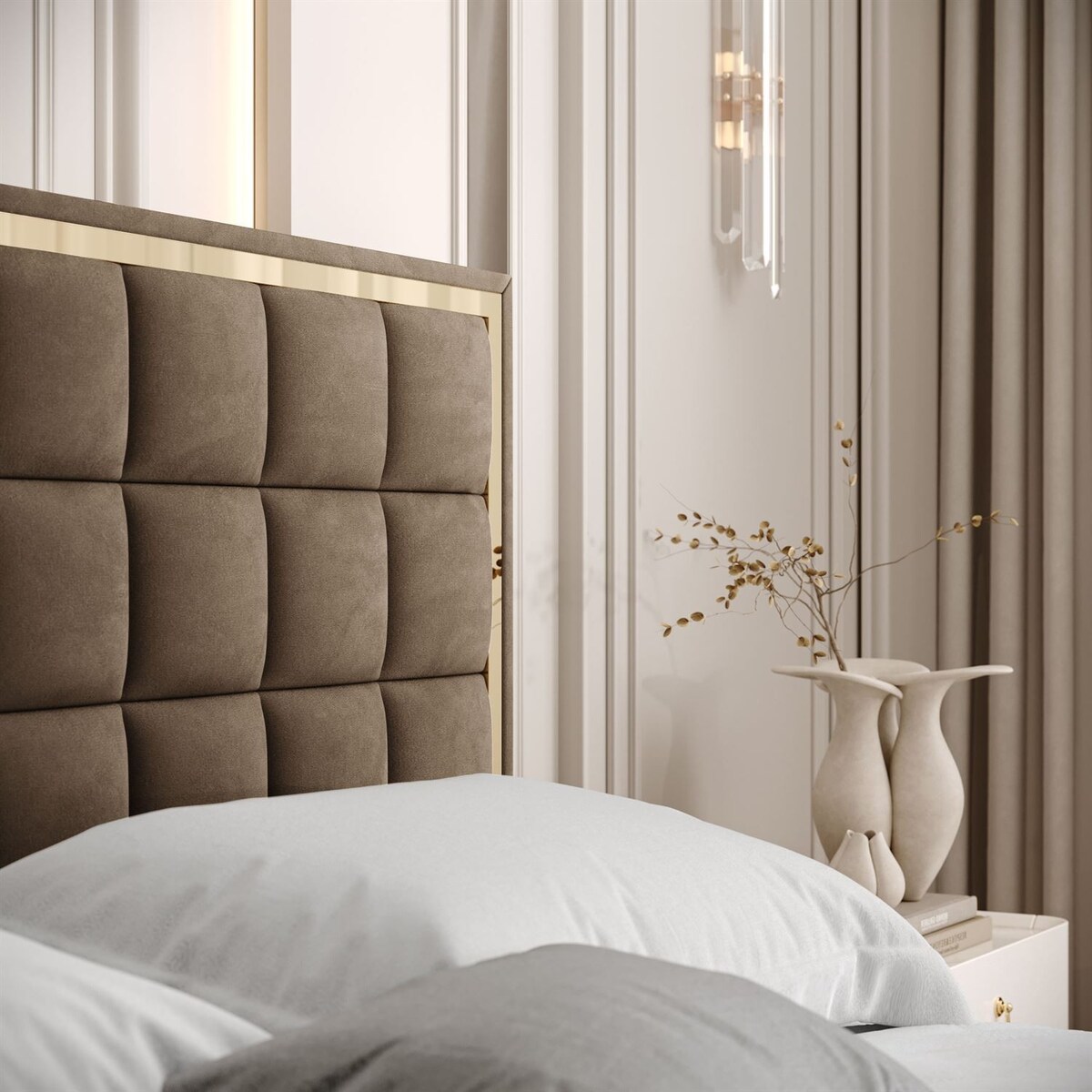 Łóżko tapicerowane ISADORA GOLD, pojemnik na pościel, stelaż 34, 180x200, RV 196