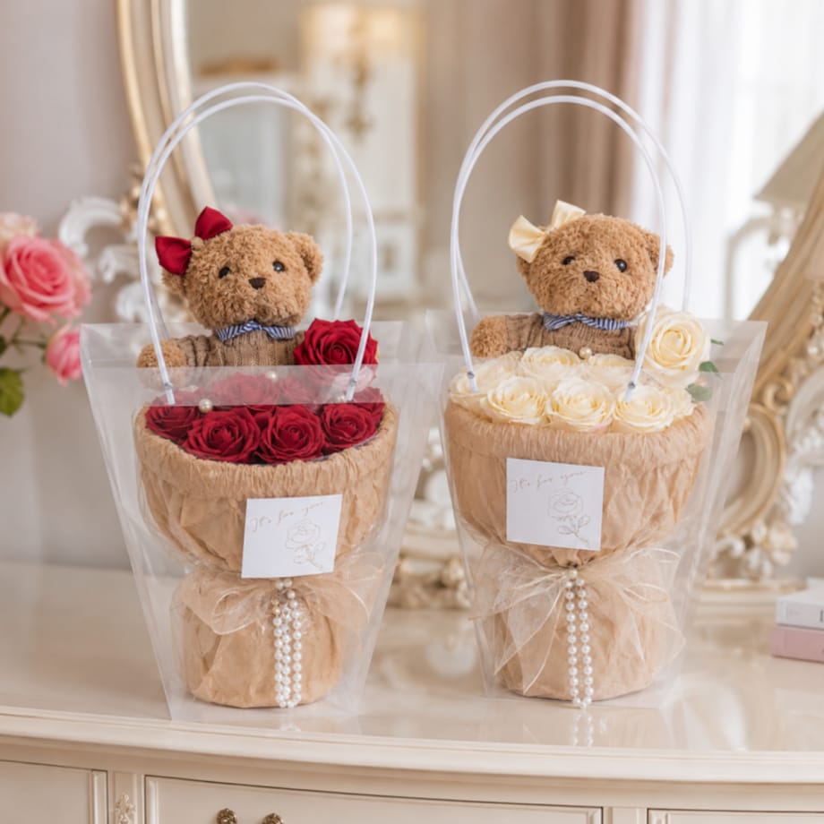 Flower box, bukiet zapachowych kwiatów mydlanych z MISIEM, LED 8szt. BUK31CZE