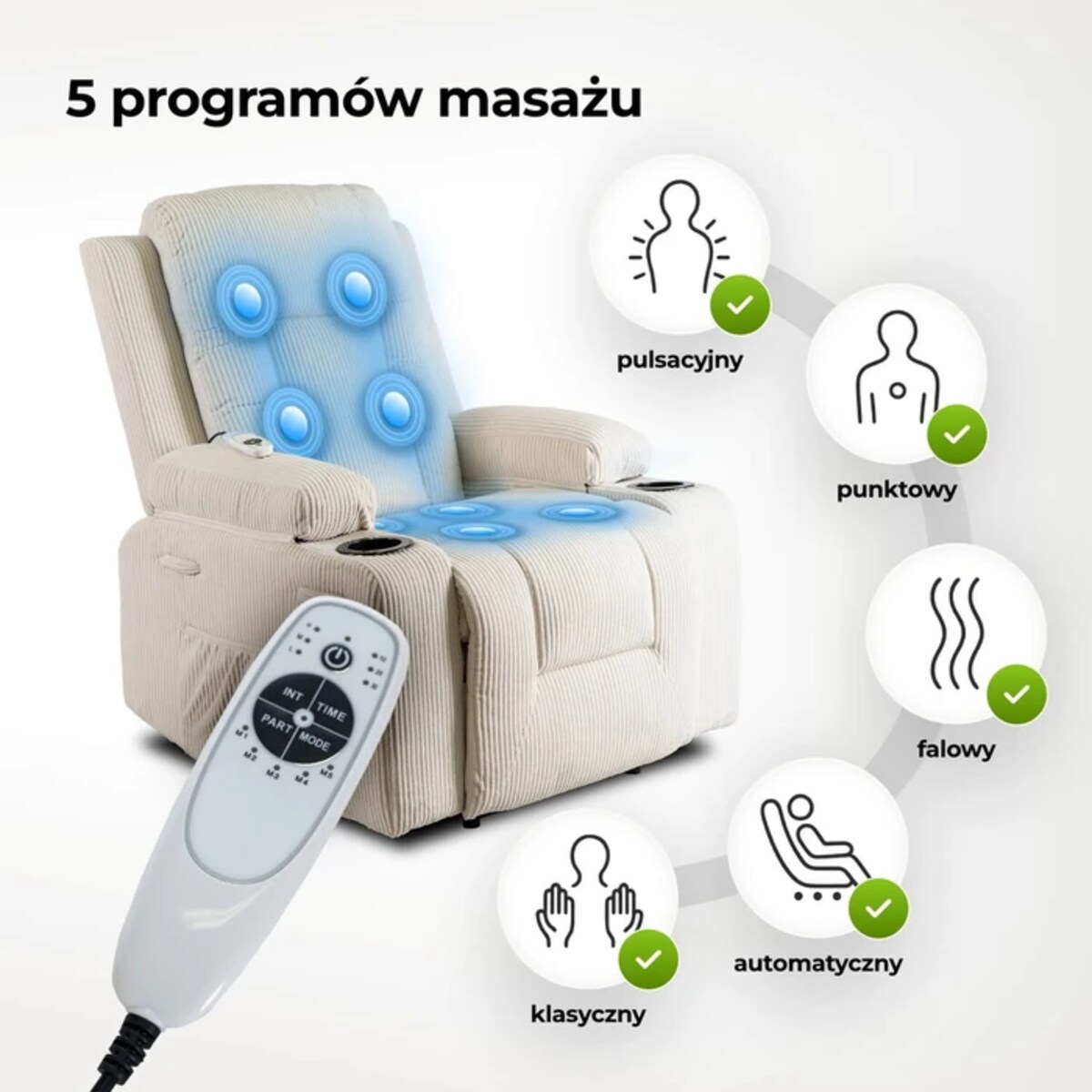 Fotel Masujący Rozkładany z Podnóżkiem Obrotowy 360 Do Salonu Beżowy BOX