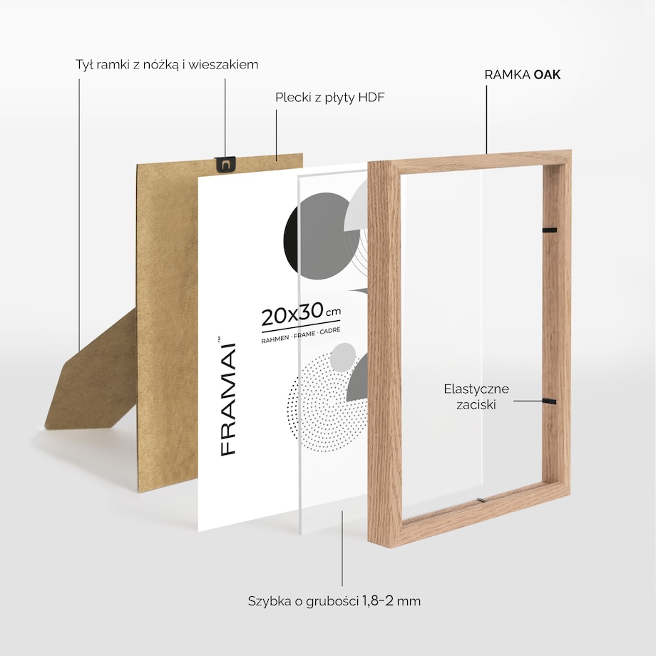Ramka na zdjęcia 20x30 cm ramka drewniana dębowa naturalna foto ramka z litego drewna dębowego prostokątna OAK FRAMAI