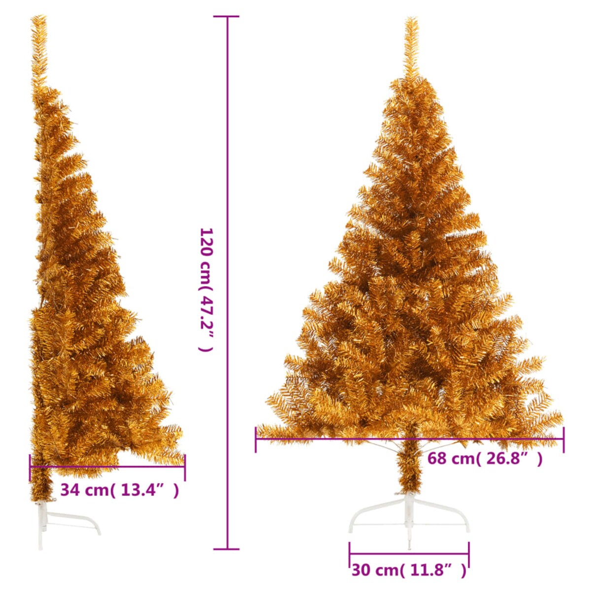 vidaXL Sztuczna choinka połówka ze stojakiem, złota, 120 cm, PET