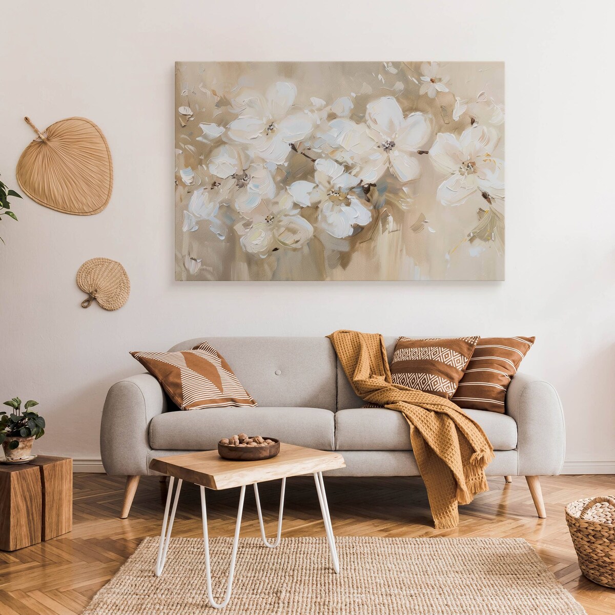 Obraz Na Płótnie Do Salonu Białe Kwiaty Styl Vintage Malarstwo 120x80cm