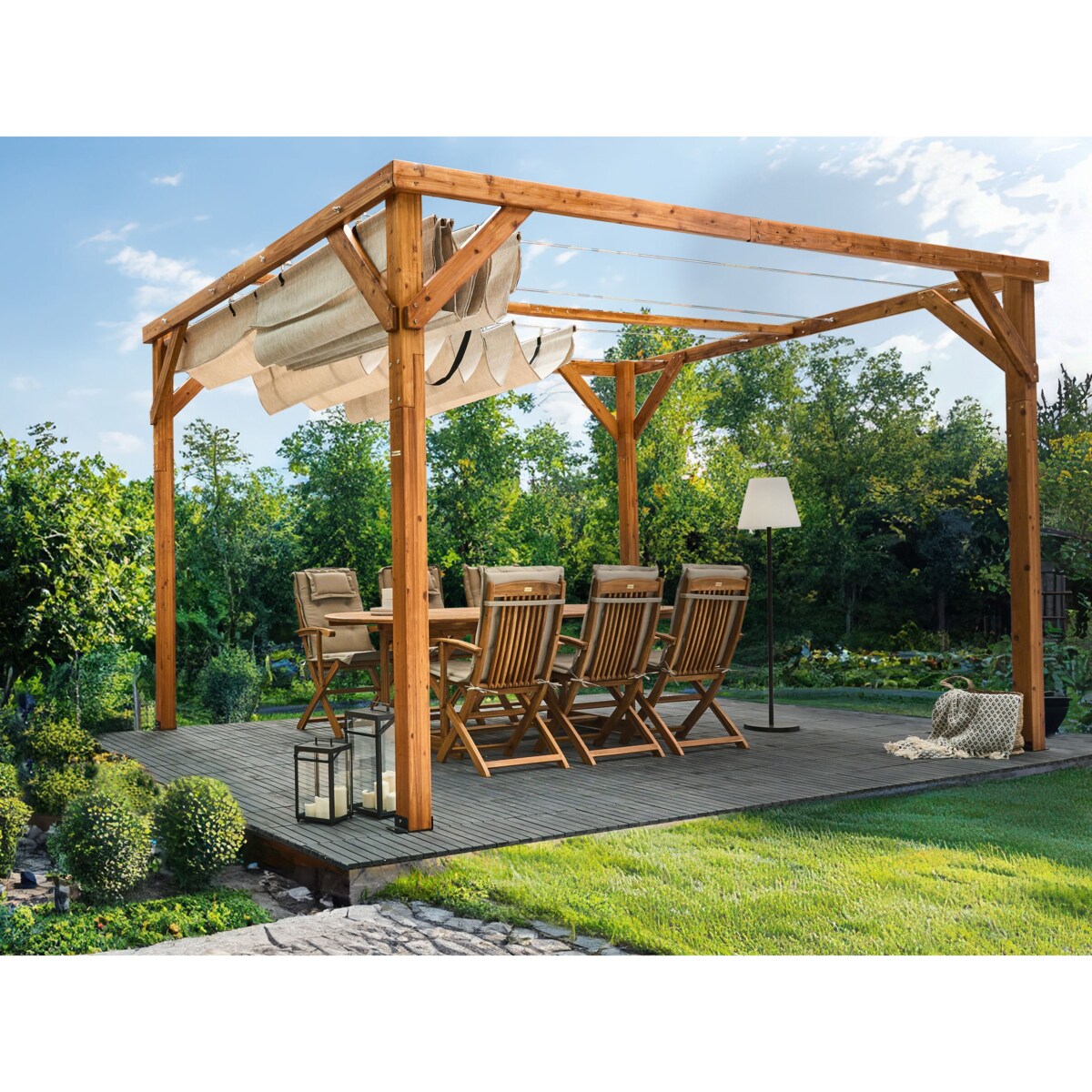 Pawilon ogrodowy drewniany 320 x 380 beżowy VILLAROSA