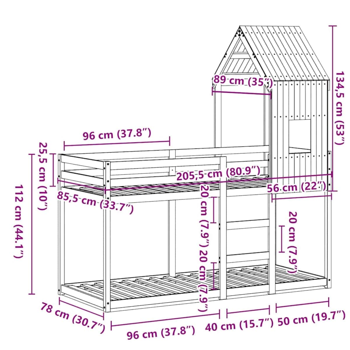 vidaXL Łóżko z piętrem i daszkiem, 80x200 cm, lite drewno sosnowe