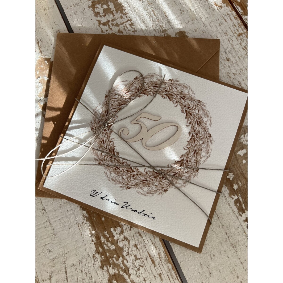 Wyjątkowa kartka ręcznie robiona na 50 urodziny życzenia boho