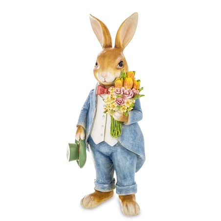 Figurka - królik w niebieskim płaszczu 25,5x10,5x10 cm CONTENIDO z bukietem kwiatów