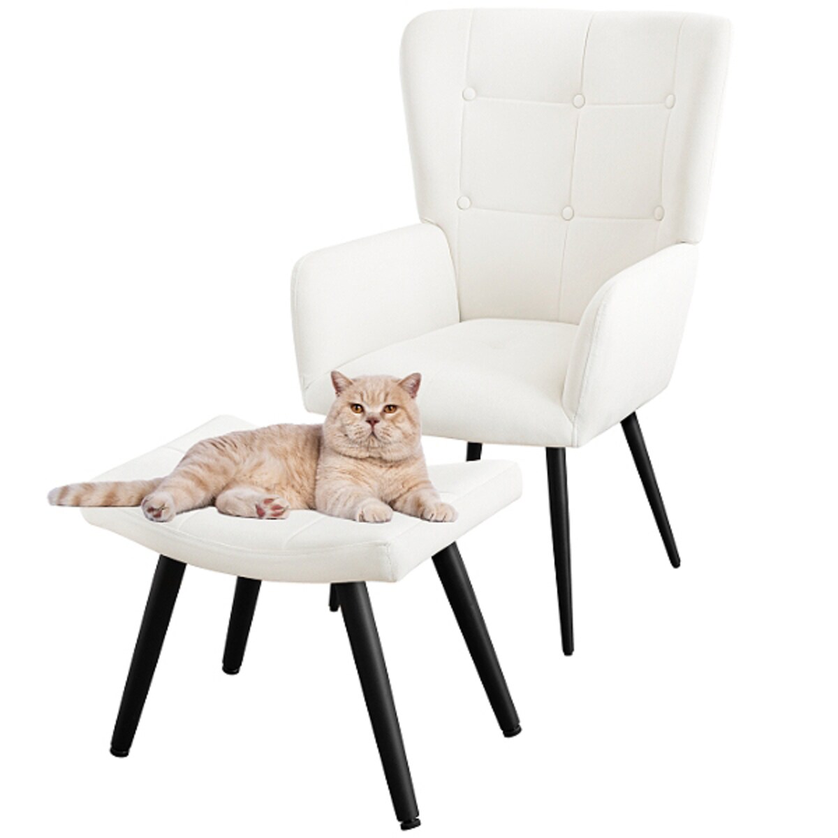 Fotel uszak z podnóżkiem do salonu wypoczynkowy welurowy tapicerowany beżowy