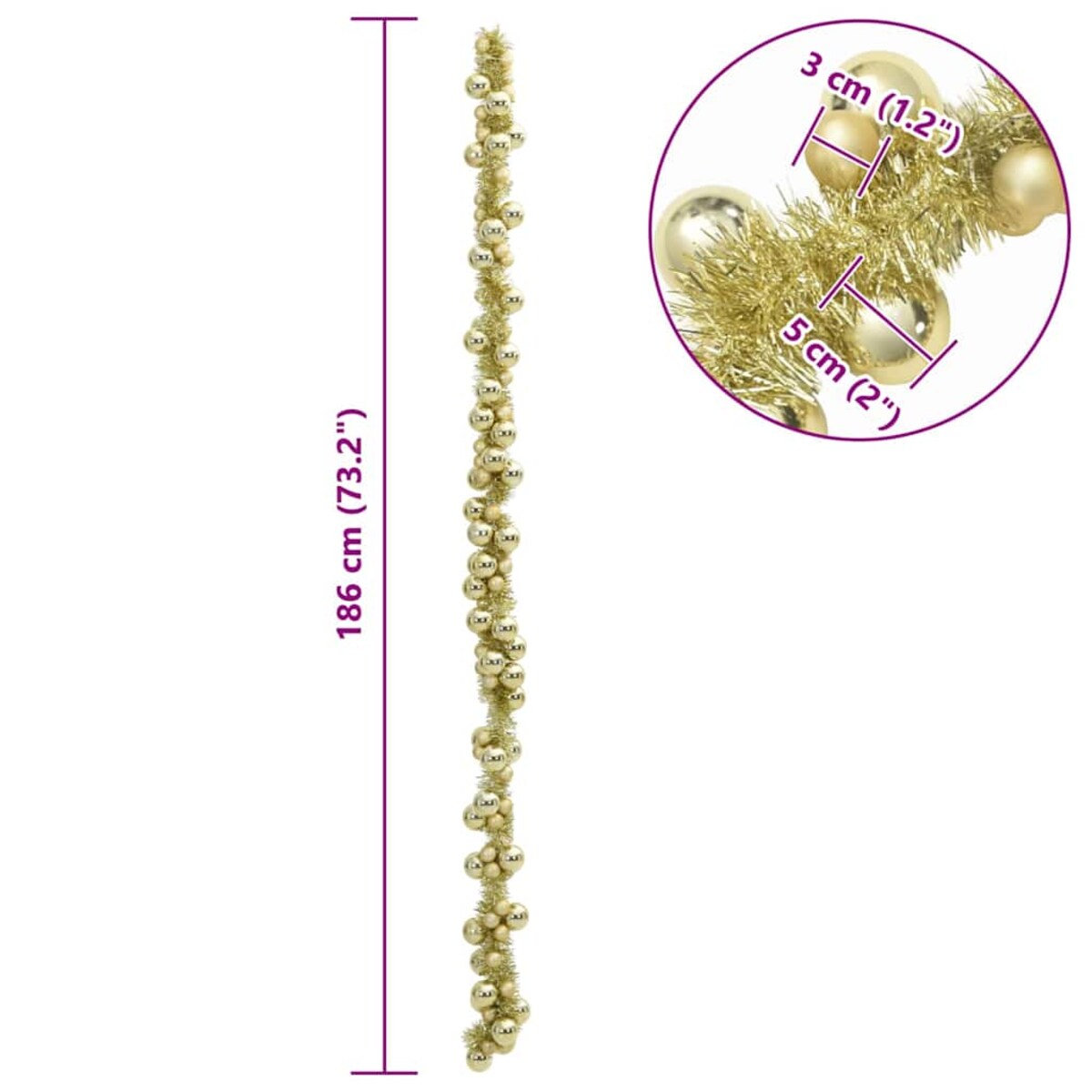 vidaXL Girlanda z bombek świątecznych złoty 186 cm polistyren