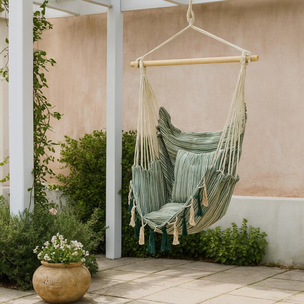 Wiszący fotel ogrodowy z 2 poduszkami, 100 x 130 cm, zielony, drewniany uchwyt