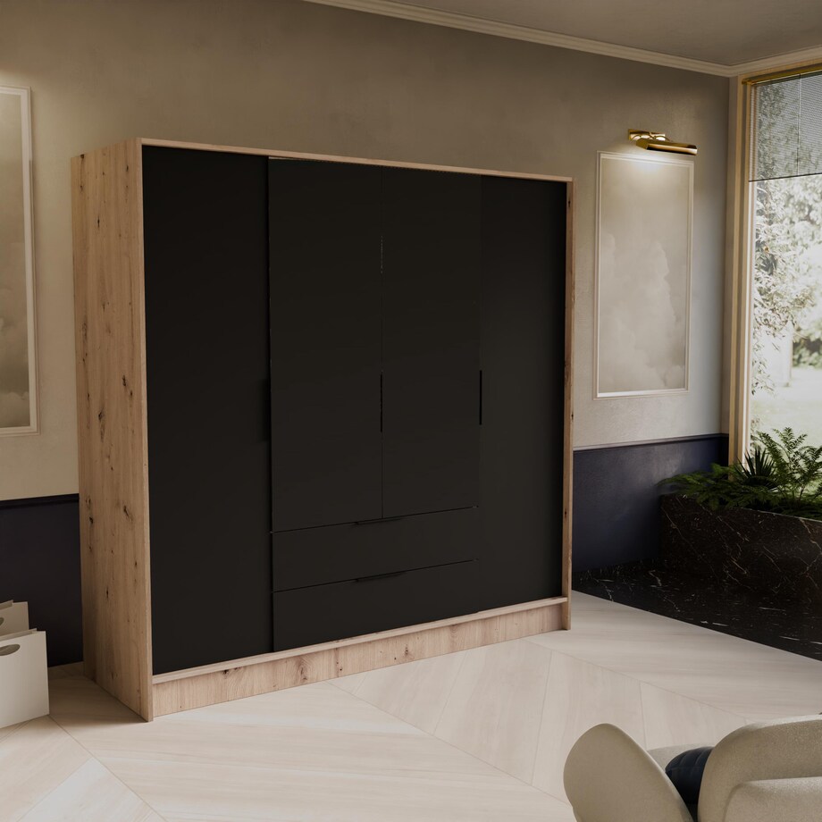 Szafa NIKOLA 200 z regulowanymi półkami, proste fronty- sonoma+czarny front