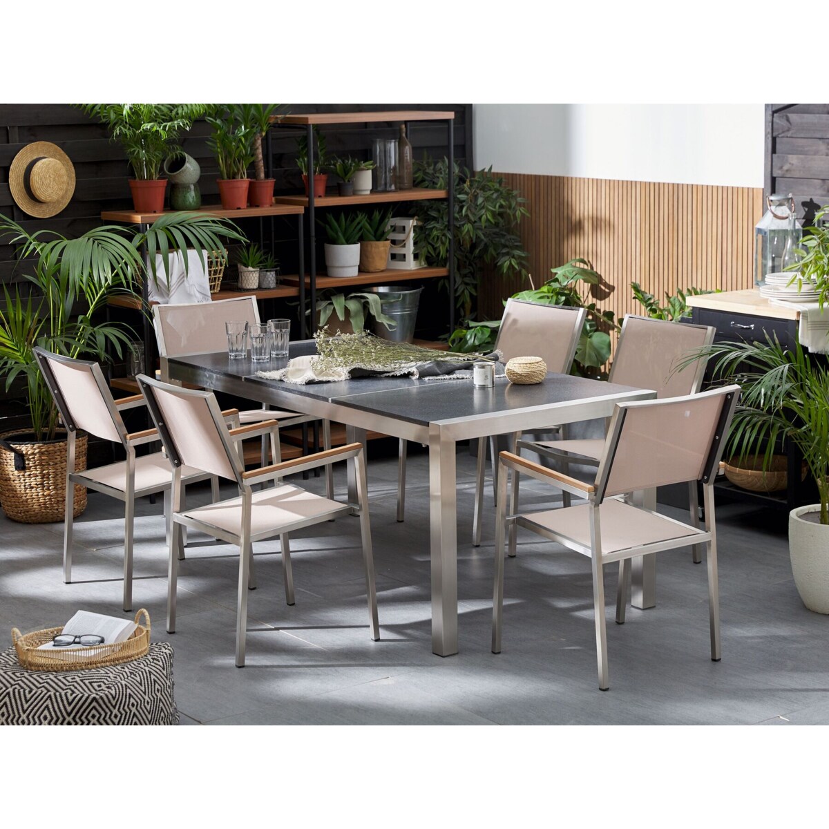 Zestaw ogrodowy stół granit palony dzielony blat czarny i 6 krzeseł beżowych GROSSETO