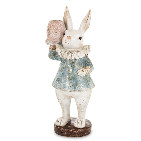 Dekoracja - biała króliczka LUISA 27,5x10,5x9,5 cm w niebieskiej sukience w serca z wazonem w łapce