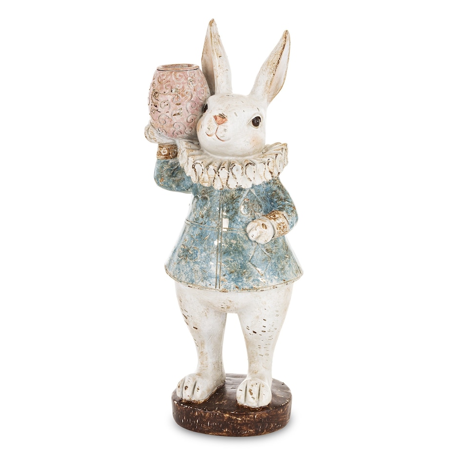 Dekoracja - biała króliczka LUISA 27,5x10,5x9,5 cm w niebieskiej sukience w serca z wazonem w łapce