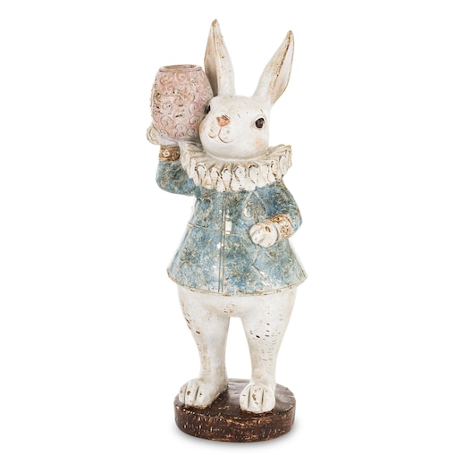 Dekoracja - biała króliczka LUISA 27,5x10,5x9,5 cm w niebieskiej sukience w serca z wazonem w łapce