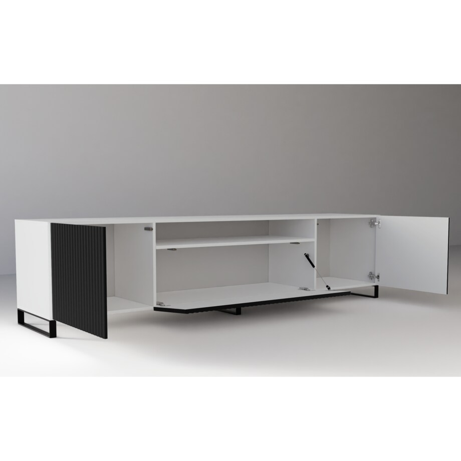 Stojąca szafka RTV NOELI pod telewizor, z ryflowanym frontem - czarna+biały