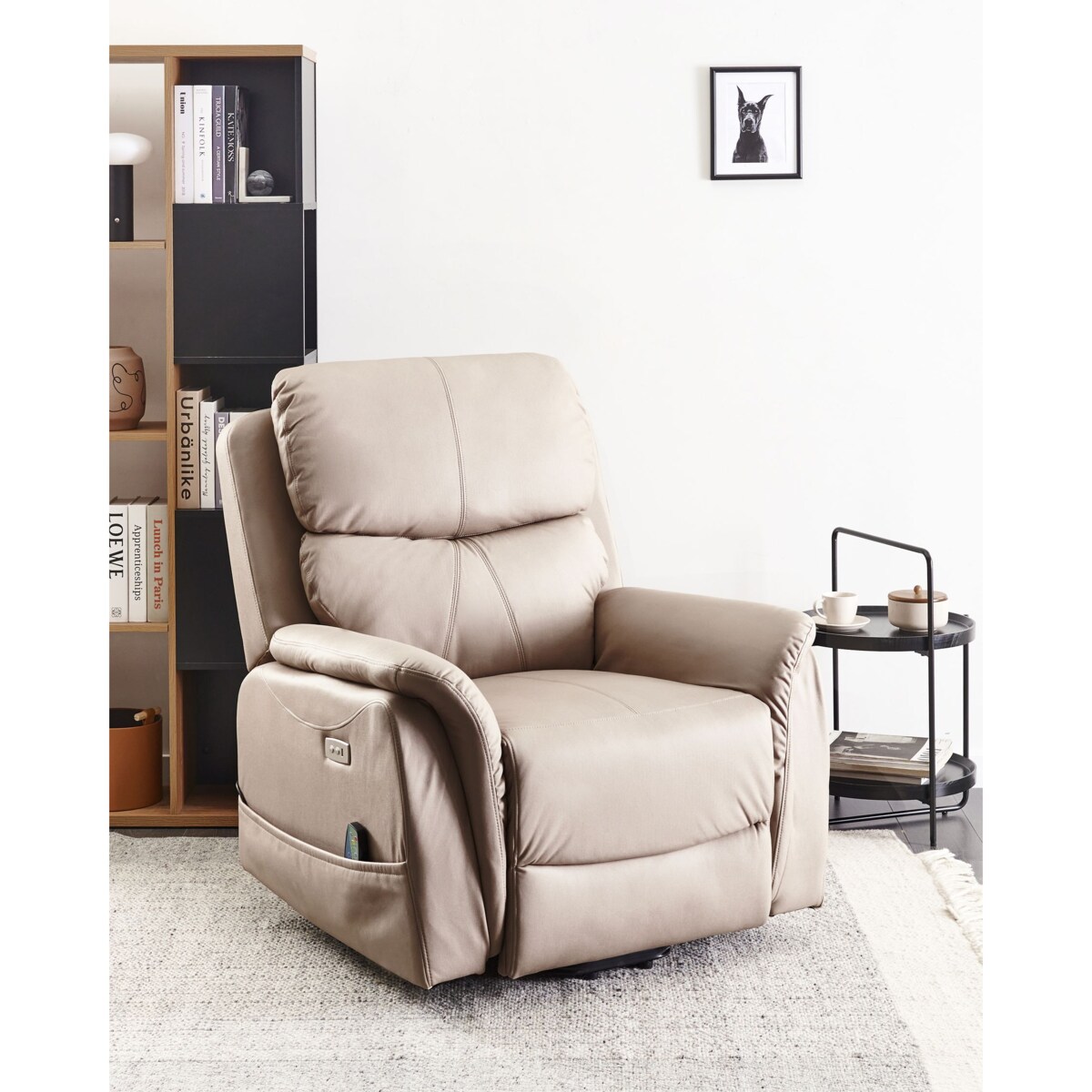 Elektryczny fotel rozkładany GLORIE Z masażem Ekoskóra Beżowoszary