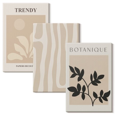 Zestaw 3 dużych obrazów na płótnie - Stylowe roślinne wzory beż czarny - beżowy